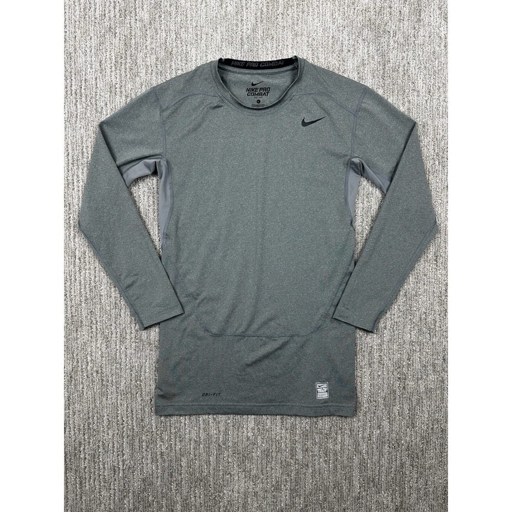Nike Pro Combat Compression Shirt Mens L Top Gray Long Sleeve Athletic Workout